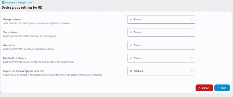 Device group settings. It displays five settings with drop-down menus: Message to devices, Chat to devices, View devices, Transfer files to devices and Require user acknowledgement for devices. The first four are set to Enabled with green checkmarks. The last option, Require user acknowledgement for devices, is set to Disabled with a red X. At the bottom are Cancel (red) and Save (blue) buttons.